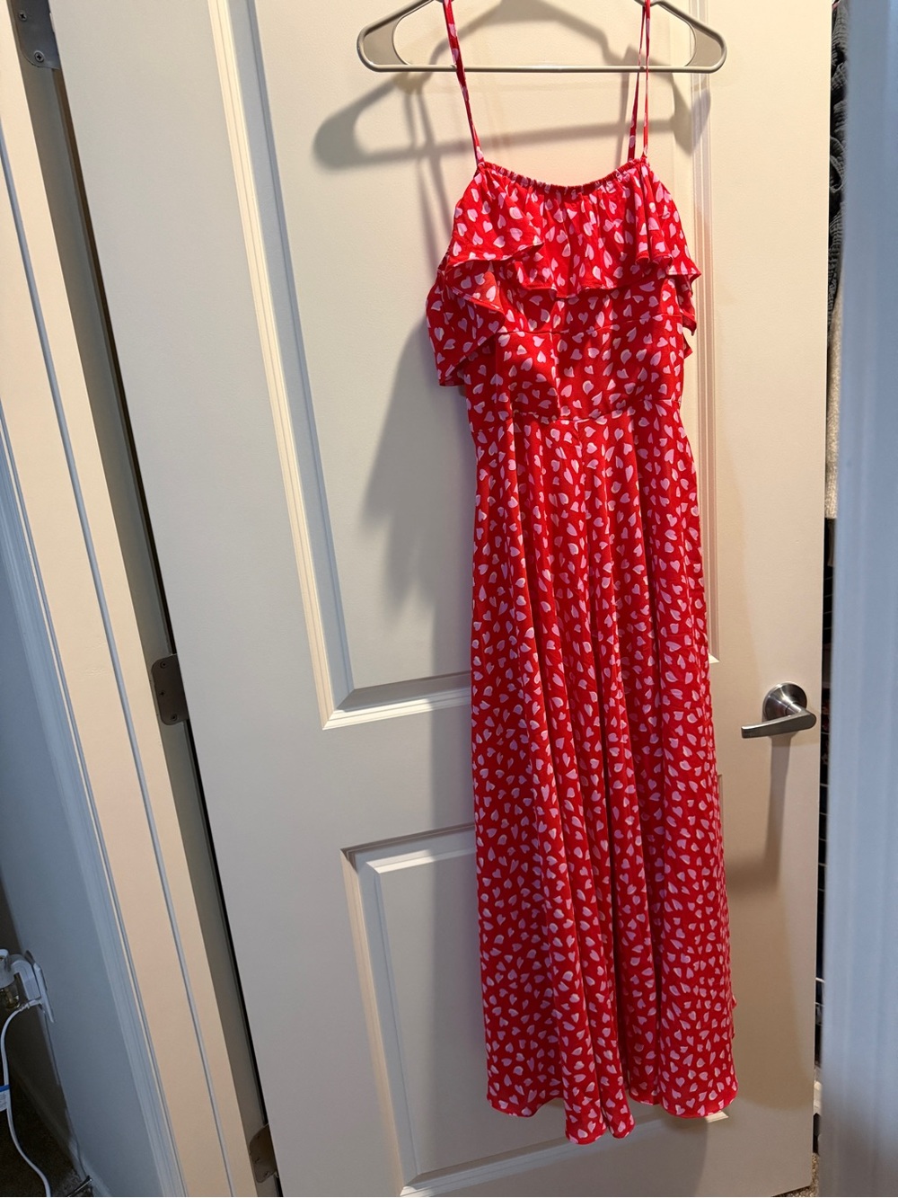 Red Heart-Print Spaghetti-Strap Maxi Dress